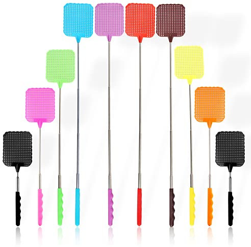 10 Pack Tapette à Mouches, Tapette à Mouches Télescopique, Grande Tapette à Mouches Extensible, Lutte Antiparasitaire Manuelle, Plastique Tapette à Mouches avec Poignée Télescopique Durable, 9 Colors