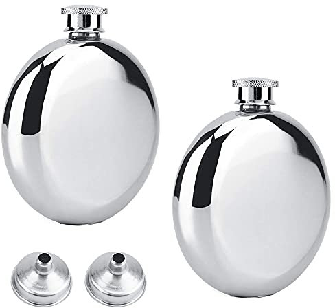 2 Pièces Bouteille d'alcool Ronde, 5 oz/140ml Flasque en Acier Inoxydable, Flasque Alcool Hip Flask, Portable Flacon de Hanche pour Conserver Vin, Whisky, Cadeaux Masculins (Argent)