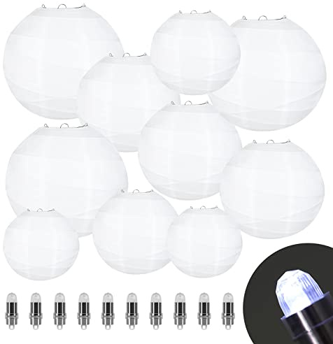 Encham 10 Stück Papierlaterne Gekreuzte Weiß Lampions mit 10 Stück Weiß Mini LED-Ballons Lichter Papier Laterne rund Lampenschirm für Hochzeit Party Geburtstage Dekoration