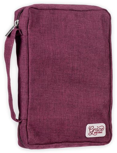 Christian Art Gifts Value Poly-Canvas Bible Cover Case for Women: Grace Upon Grace - John 1:16 Inspirational Scripture w/White Rubber Badge, Pocket, Pen Loops to Organize Accessories, Plum, Medium