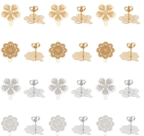 UNICRAFTALE 24pcs 2Styles Boucles d'Oreilles Post Fleur 2 Couleurs Boucles d'Oreilles en Acier Inoxydable avec Boucle Boucle d'Oreille en Métal Hypoallergénique pour la Fabrication de Bijoux Pin 0.7mm
