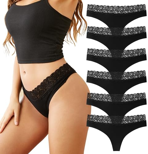 INNERSY Thongs for Women Underwear Lace Trim Hipster G String Thong 6 Pack | Soft Cotton High Leg Knickers, Elegant Feminine Waist Detail, Sexy Delicate Ladies Panties, Tag-free, Sport, Date, Daily Wear
