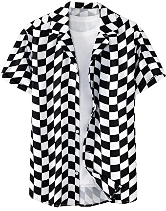 Milumia Men's Graphic Printed Casual Short Sleeve Button Down Hawaiian Shirts Checkerboard Black and White
