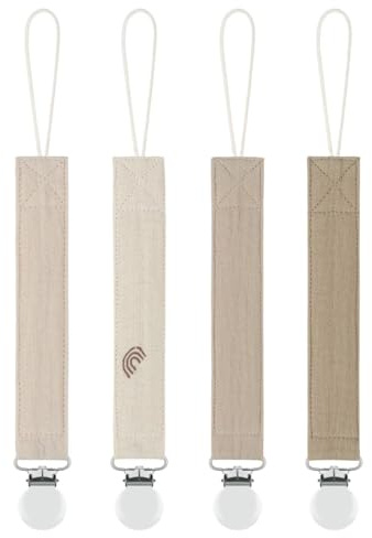 MoodyBaby® Soft Organic Muslin Cotton Fabric Dummy Clips - Handmade Pacifier Clip Chain for Babies Newborns Girls Boys - Mam Soother Chain Neutral Unisex Boho Shower Gift - 4 Pack (Tan Beige)