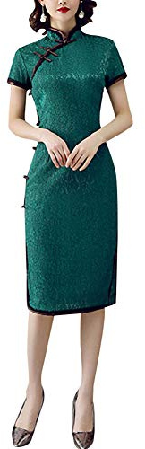 Women's Floral Lace Cheongsam Elegant Cap Sleeve Mandarin Collar Chinese Party Qipao Vintage Costume, 02-133c# Green, M