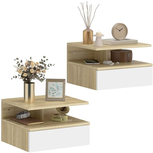 HOMCOM Juego de 2 Mesitas de Noche Flotantes 35x32x22,5 cm Roble y Blanco