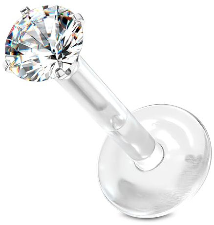 Stachelkleid Labret Chirurgenstahl 316l Bioflex Piercing Zirkonia Push In Allergie Flexibel Biegbar Rund Base Flach Bites Conch Ohrstecker Helix Tragus Kunststoff Plastik 1,2mm Silber/Klar, 8 mm, 2 mm