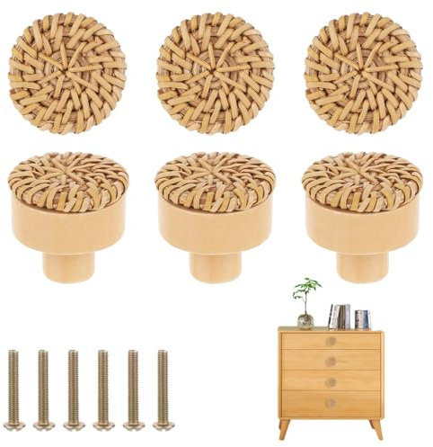 JJUNW Lot de 6 boutons d'armoire ronds en rotin tissé de style bohème pour commode, meubles de cuisine, chambre d'enfant, armoire à faire soi-même (beige)