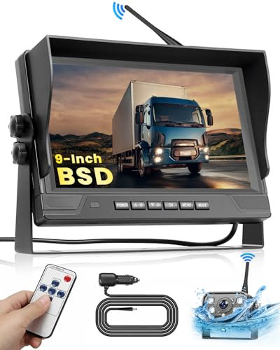 Ohradio Kit de Cámara de Retroceso Inalámbrica con Pantalla IPS de 9 Pulgadas, Anti-interferencia, Resistente al Agua IP68 Visión Nocturna IR, con 1 Cámara, con BSD, Grabación en Bucle, 12-36V