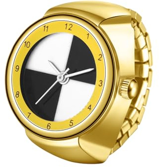 JewelryWe Ringklocka fingerklocka elastisk ring: kvinnor män analog kvarts fingerringsklocka guld rostfritt stål stretchband klocka klockring med svart-vit urtavla och dragsko, Guld