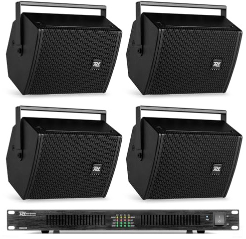 Power Dynamics Pack de 4 Enceintes Noires avec Amplificateur 100V/8 Ohms et Bobine de Câble - 400 Watts RMS, 4X Enceintes Murales 100 Watts RMS, Un Pack Complet pour Diffuser Une Ambiance Sonore