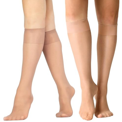 QESSUVNC 20 Paar Kniestrümpfe Damen, 20d Nylonstrümpfe Damen, Transparente Damen-Kniestrümpfe, Helle Hautfarben Feinstrümpfe