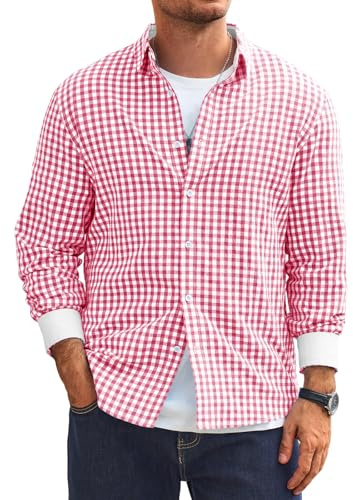 Runcati Camisa de manga larga para hombre, camisa tradicional a cuadros, Oktoberfest, ajustada, de algodón, para el tiempo libre, con botones, camisa informal, Rosa., L