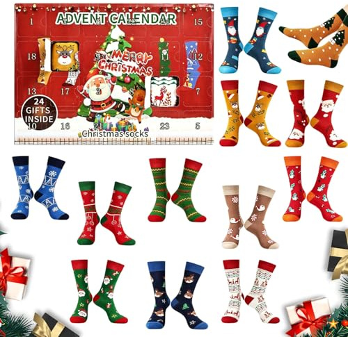 Calendari Avvento Calzinis Natale 2025, 12 Paia Calzini Natalizi, Cotone Calze Natale con Renne Babbo Na-tale, Regali Nat-ale per Adulti Donna Uomo