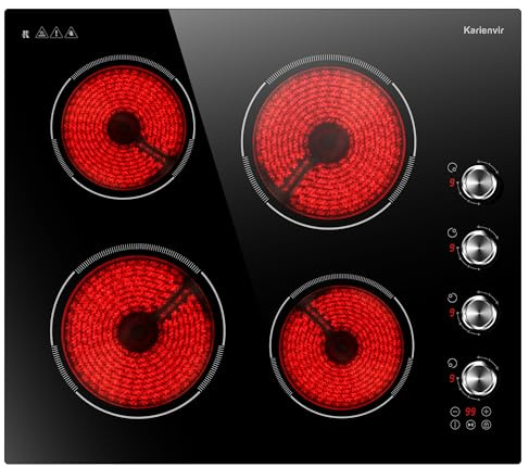 Karienvir Piano cottura in vetroceramica, 4 piastre, controllo a pulsante e touch, piano cottura in ceramica incorporato 60 cm, 6000 W, piano cottura con 4 piani cottura, montaggio con blocco di