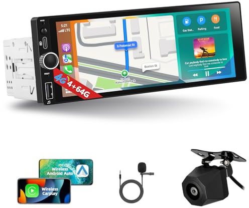 Motorsi 4GB+64GB Wireless CarPlay Android Auto 1 Din Autoradio con Type-C, 6,86 Stereo Auto Bluetooth 5.1 con Schermo, GPS Navi WiFi&4G SWC FM/RDS/AM DSP Touchscreen USB + Telecamera Posteriore