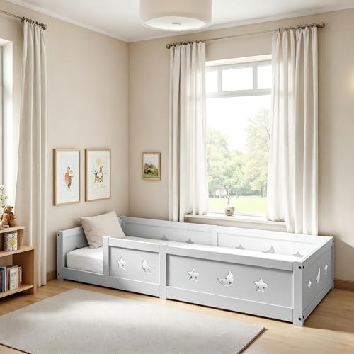 UTTQEW Cama Infantil Montessori de 90 x 200 cm, Cama de Madera con protección anticaída y somier, Cama Individual con diseño de Estrella y Luna, sin colchón (Blanco, 90 x 200)