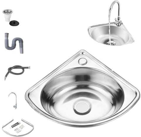 Lavello della Cucina, Lavandino del Bagno Lavabo da Appoggio a Parete con Rubinetto, Scarico, Angolo, Adesivo ad Angolo Triangolare in Acciaio Inossidabile, Sigillatura Adesiva e Riduzione del Rumore