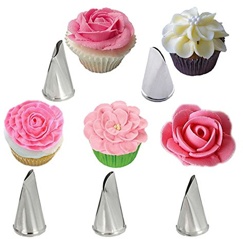 Inovey 5 Stück Set Rosen Blütenblatt Icing Piping Düsen Metall Creme Tipps Kuchen Dekorieren Werkzeuge Cupcake Gebäck Werkzeug