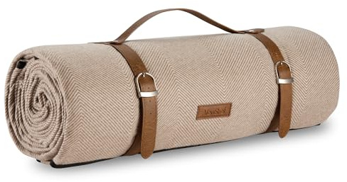 VonShef Picnic Blanket, Beige Herringbone Large Outdoor Rug with Waterproof Backing, 8 Person Weatherproof Picnic Mat with Faux Leather Handle, Water Resistant Camping Accessories, 200x220cm