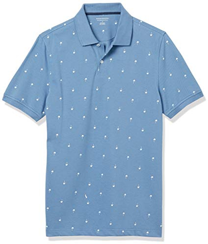 Amazon Essentials Men's Short Sleeve Slim-Fit Cotton Pique Polo Shirt, Breathable Collared, Blue/White Palm, Large