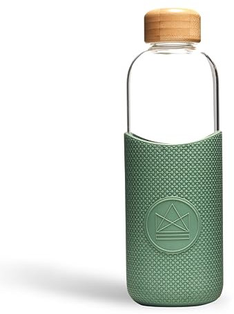 Neon Kactus - Handgeblasene Wasserflasche aus Borosilikatglas mit Bambus-Tragegriff Deckel, Glasflaschen mit lebensmittelechter Silikonhülle, plastikfrei und auslaufsicher, Happy Camper, 1000 ml