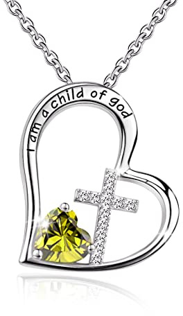 Bengnkes 925 Sterling Silver I Am a Child of God Cross Pendant Necklaces for Women, Cross Necklace, Heart Necklace with Birthstone Christian Jewelry Baptism Gifts