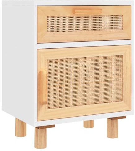 vidaXL Nachttisch 1 Schublade 1 Fach Nachtschrank Nachtkonsole Nachtkommode Schlafzimmer Schrank Kommode Weiß Massivholz Kiefer Natur-Rattan