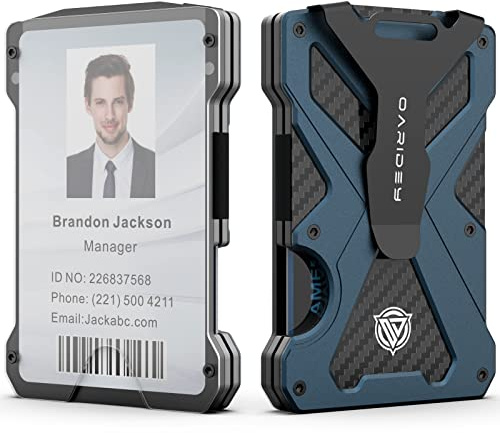 Minimalist Wallet for Men- Slim Aluminum Metal Money Clip Wallet with Clear ID Card Holder, Carbon Fiber Wallet, RFID Blocking, Holds up 15 Cards with Cash Clip, Ultra-Thin Tactical Wallet-Navy Blue