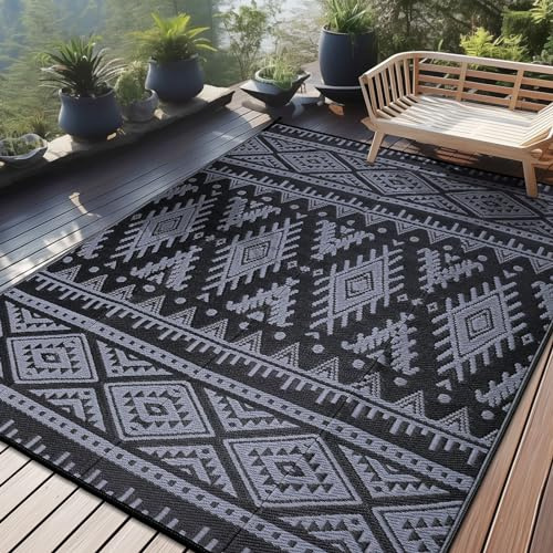Homaxy Waterproof Outdoor Rug, 240x300cm, Black & Grey | Anti-slip Reversible UV Resistant Garden Rugs, Easy Cleaning Carpet Patio Area Rugs for Camping, Beach, Picnic, Backyard