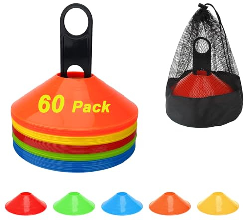 BIRDDIE 60 Pack Soccer Training Cones, Football Sport Cones Training Field Marker Agility Cones with Carry Bag and Holder for Drills, Basketball, Coaching, Practice Equipment, 5 Color