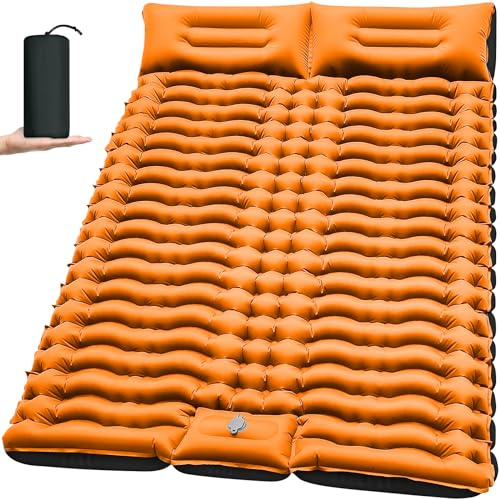Yuzonc Double Sleeping Pad for Camping, 4 Extra Thick Self-Inflating Air Mattress - 2 Person Inflatable Camping Mat with Built-in Foot Pump & Pillow, Backpacking Hiking Tent Travel-Orange