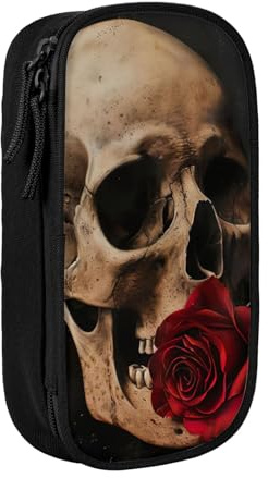 Lootpe Skull And Red Rose Print Pencil Case,Storage Bag, Large Capacity Pencil Box, Portable Office Pen Bag With Zipper