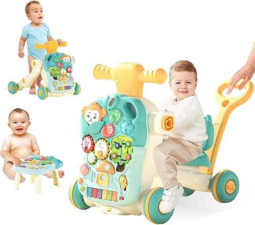 VASTCART 5-in-1 Baby Walker, Ride-On Scooter and Activity Table with Music Xylophone, Educational Learning Toys for Toddlers 18+ Months, Mint Green and Yellow