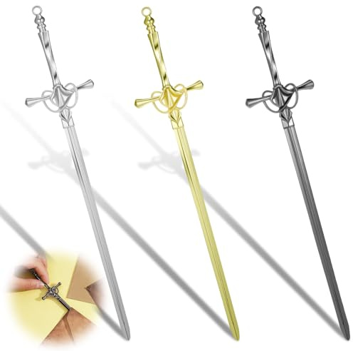 TIESOME 3 Pack Letter Opener Sword, Stainless Steel Envelope Slitter with Ergonomic Handle, Fancy Mail Opener Tool for Home and Office, Sharp Blade Mail Openers (Gold+Silver+Black)