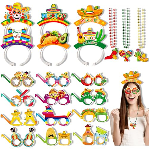 YinnFeen 21 Piezas Sombreros Mexicanos Fiesta, Accesorios de Foto con Diadema Cinco de Mayo, Gafas y Collares de Cuentas, Decoración Sombrero Mexicano para Carnaval, Cumpleaños y Fiestas Temáticas