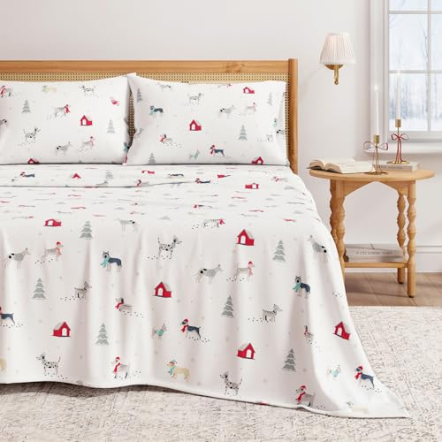 Great Bay Home Set di biancheria da letto in flanella 100% cotone turco, con tasche profonde, morbide lenzuola di Natale, calde, anti-pilling (queen, cucciolo nella neve)