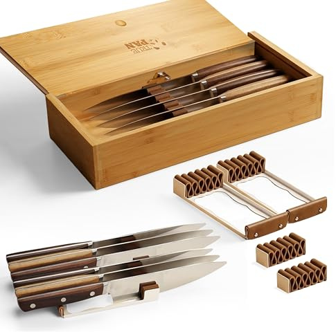 Kid Safe In-Drawer Bamboo Box, for Chef Knives or Steak Knives, with newly invented Beautiful Leather Holders. Only 5.5 Inches Wide. Best Knife Block Alternative!