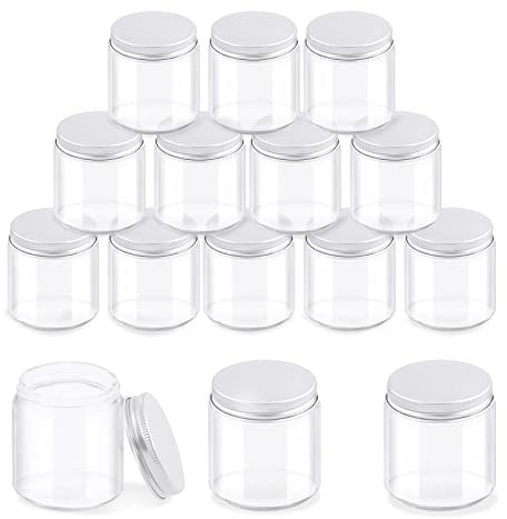 Glarks Confezione da 12 barattoli di vetro con coperchio, in vetro trasparente rotondo con rivestimento interno e coperchio in alluminio argentato, per conservare creme, cosmetici, lozioni e unguenti