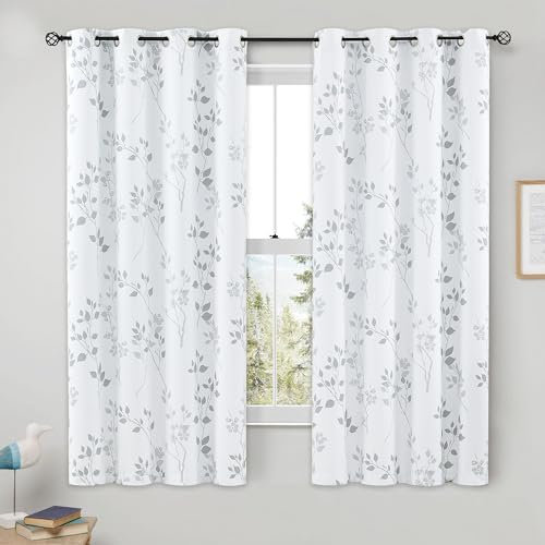 Beauoop Grey Floral Blackout Curtains for Bedroom Living Room 54 Inch Drop Leaf Print White Eyelet Curtain Botanical Thermal Insulated Noise Reducing Window Curtain Drapes 2 Panels