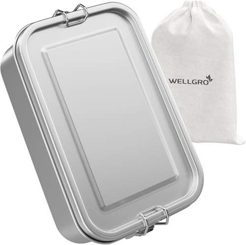 WELLGRO Edelstahl Dosen eckig - 550ml 850ml 1400ml 2400ml auslaufsicher Metall Brotdose Lunchbox, Kapazität:1400 ml