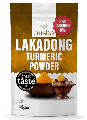 Ausha Lakadong Turmeric Root Powder 500g - 8-9% Curcumin Double Strength - 1* GREAT TASTE AWARD 2025 - Use in Cooking, Turmeric Shot, Latte Powder, Tea, Smoothies