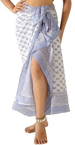 THE ART BOX Sarong 100% Coton pour Femme Indien imprimé Bloc de Bain Maillot de Bain paréo Jupe Portefeuille Plage Bikini Cover Up Long (185 x 110 cm), Bleu, Blanc, Taille Unique