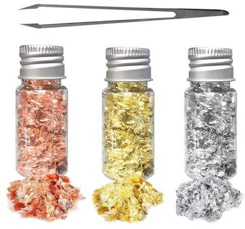 3 Bottles Gold Leaf Flakes Gold Foil Flakes Gold Silver Rose Gold Colors Leaf Flakes with Tweezer Gold Leaf Kit for Resin Art Craft Nail Painting Jewelry Making