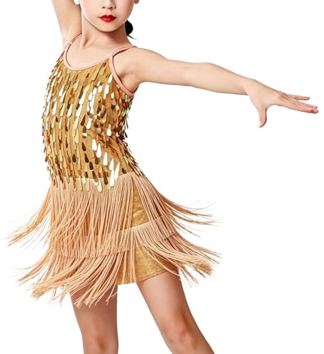 LOLANTA Paillette Frange Danza Costume Bambina, Abiti Ballo Latino Salsa Rumba Bambini, Mini Abito Completo Ballo Senza Maniche con Nappe e Pantaloncini, Oro, 6-7 Anni, 130