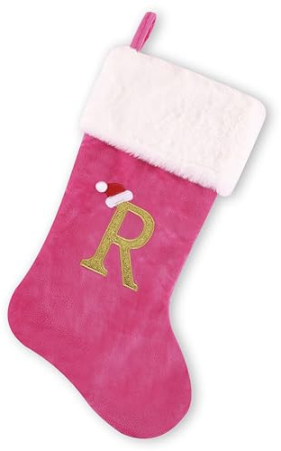 BELISHMIE 20-inch Personalized Pink Faux Velvet Stocking with Embroidered Gold Letter – Luxurious Christmas Decoration and Gift, Plush Finish (Pink-R)