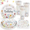 Heboland Wildflower Party Supplies Flower Paper Plates Set for 25 Guests, 100pcs Summer Spring Floral Birthday Plates and Napkins Sets for Wildflower Birthday Decorations Girls Women Tea Party