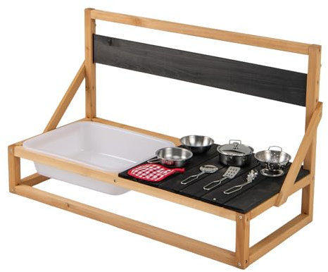 GOPLUS Cuisine Extérieur Enfant, Cuisine de Jeu en Bois de Sapin pour Petit Chef 3+ Ans, avec Évier, Tableau, Chiffon, 7 Accessoires en Acier INOX, Cuisine Murale/sur Table avec Crochets