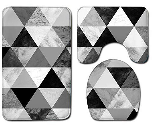 Badezimmerteppich Dreieck Grau Schwarz WC Vorleger mit Ausschnitt WC Deckelbezug 3 Teiliges WC Teppich rutschfeste Badgarnitur U förmiger Badematte Waschbar Bad Teppiche Set 50x80 cm