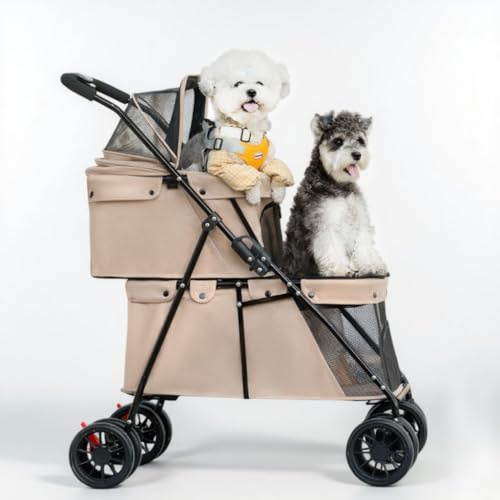 Dog Stroller 2-Layers, Foldable Pet Buggy for Small Medium Dogs, Cats Dogs Pushchair with Safety Belt Breathable Mesh 4 Wheels, Pet Pram Travel Strollers for Cats Puppies (Brown)